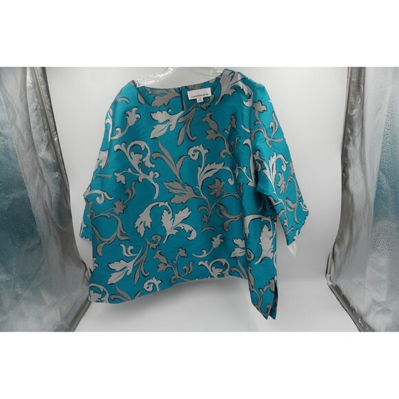 Caroline Rose NWT Turquoise Blue & Silver Damask Floral Blouse Plus Size 3X - Picture 11 of 13